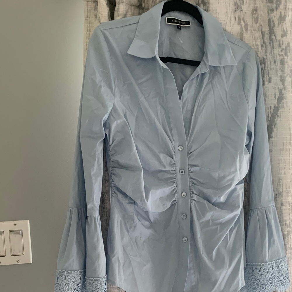 Women's Light Blue Button-Front Ruched Blouse with Lace Trim